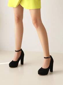 Elegant Black Pumps For Women, Rhinestone Decor Platform Chunky Heeled Ankle Strap Pumps - Black - View 3
