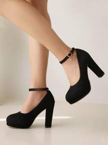 Elegant Black Pumps For Women, Rhinestone Decor Platform Chunky Heeled Ankle Strap Pumps - Black - View 4