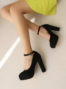 Elegant Black Pumps For Women, Rhinestone Decor Platform Chunky Heeled Ankle Strap Pumps - Black - View 5