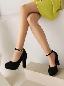 Elegant Black Pumps For Women, Rhinestone Decor Platform Chunky Heeled Ankle Strap Pumps - Black - View 6