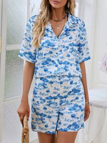 SHEIN Essnce Tree & House Print Shirt & Shorts - Blue and White - View 6