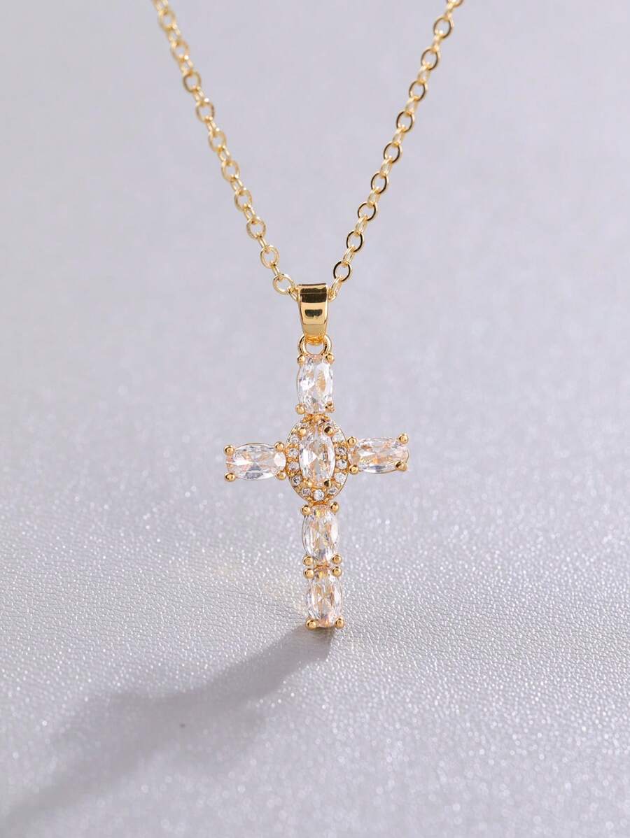 CVNANA 1 chiếc vòng cổ thánh giá Zirconia sang trọng dành cho phụ nữ, quà tặng trang sức hẹn hò, quà tặng sinh nhật cho bạn thân, quà tặng không có hộp - Vàng - Xem 1