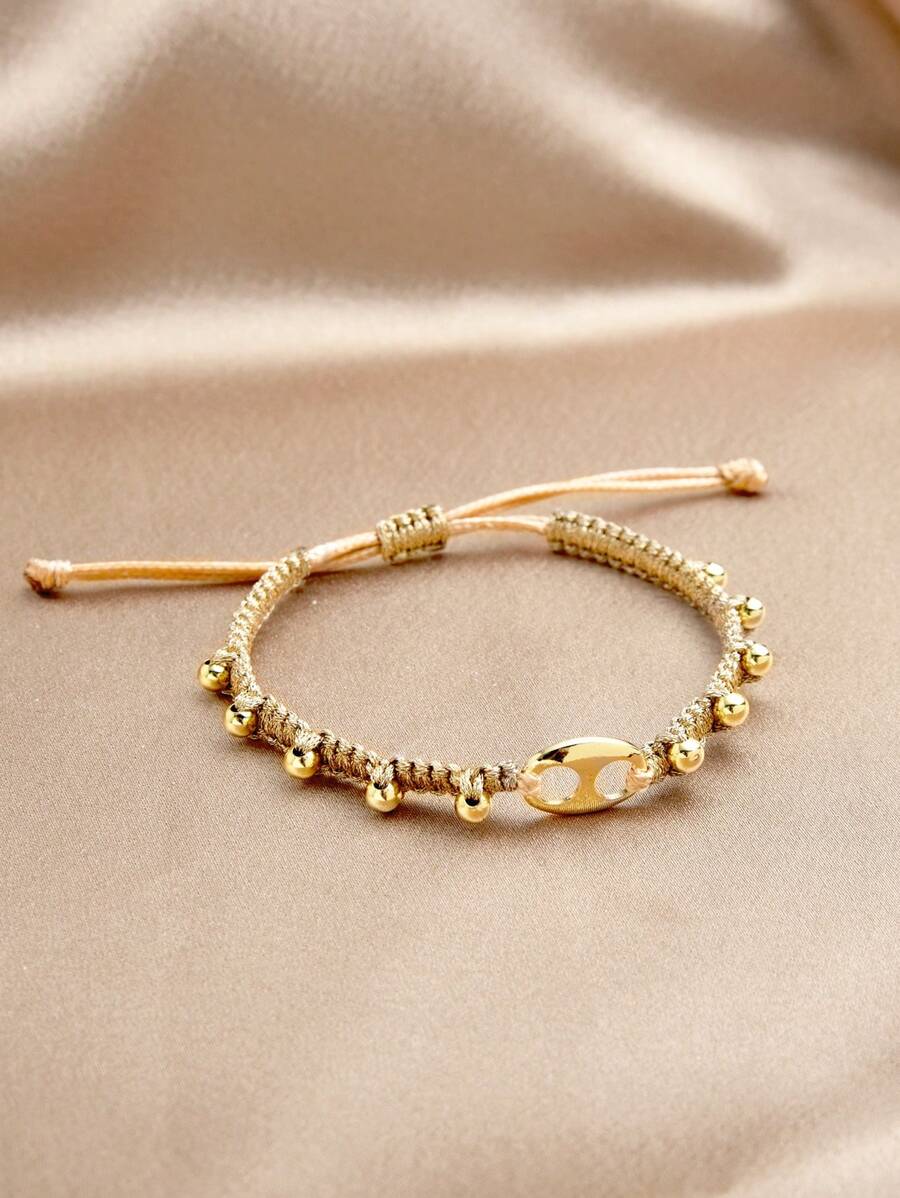 1pc Handmade Woven Adjustable Bracelet For Women - Yellow Gold - View 1