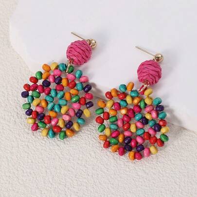 1 Boho Gỗ Khối Màu Đính Hạt Trang Trí Tròn Bông Tai Giọt Dành Cho Nữ Trang Trí Hàng Ngày