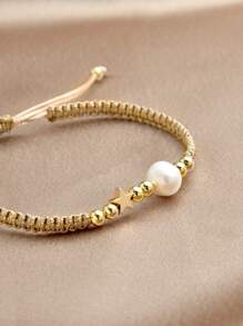 1条18K镀金天然珍珠可调节编织星形休闲手链，母亲节、情人节、生日礼物 - 金黃色 - 查看 2