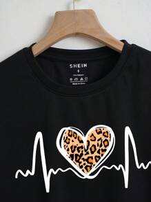 SHEIN Essnce Áo thun nữ Tim In hoa Báo Giải trí - màu đen - Xem 3