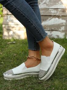 Glamorous Shoes For Women, Rhinestone Decor Slip On Flatform Shoes - White - View 1