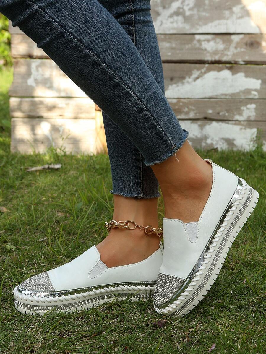 Glamorous Shoes For Women, Rhinestone Decor Slip On Flatform Shoes - White - View 1