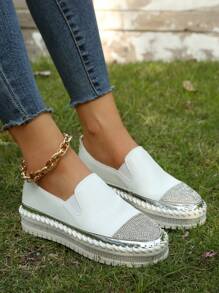 Glamorous Shoes For Women, Rhinestone Decor Slip On Flatform Shoes - White - View 2