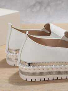 Glamorous Shoes For Women, Rhinestone Decor Slip On Flatform Shoes - White - View 4