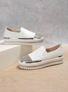 Glamorous Shoes For Women, Rhinestone Decor Slip On Flatform Shoes - White - View 7