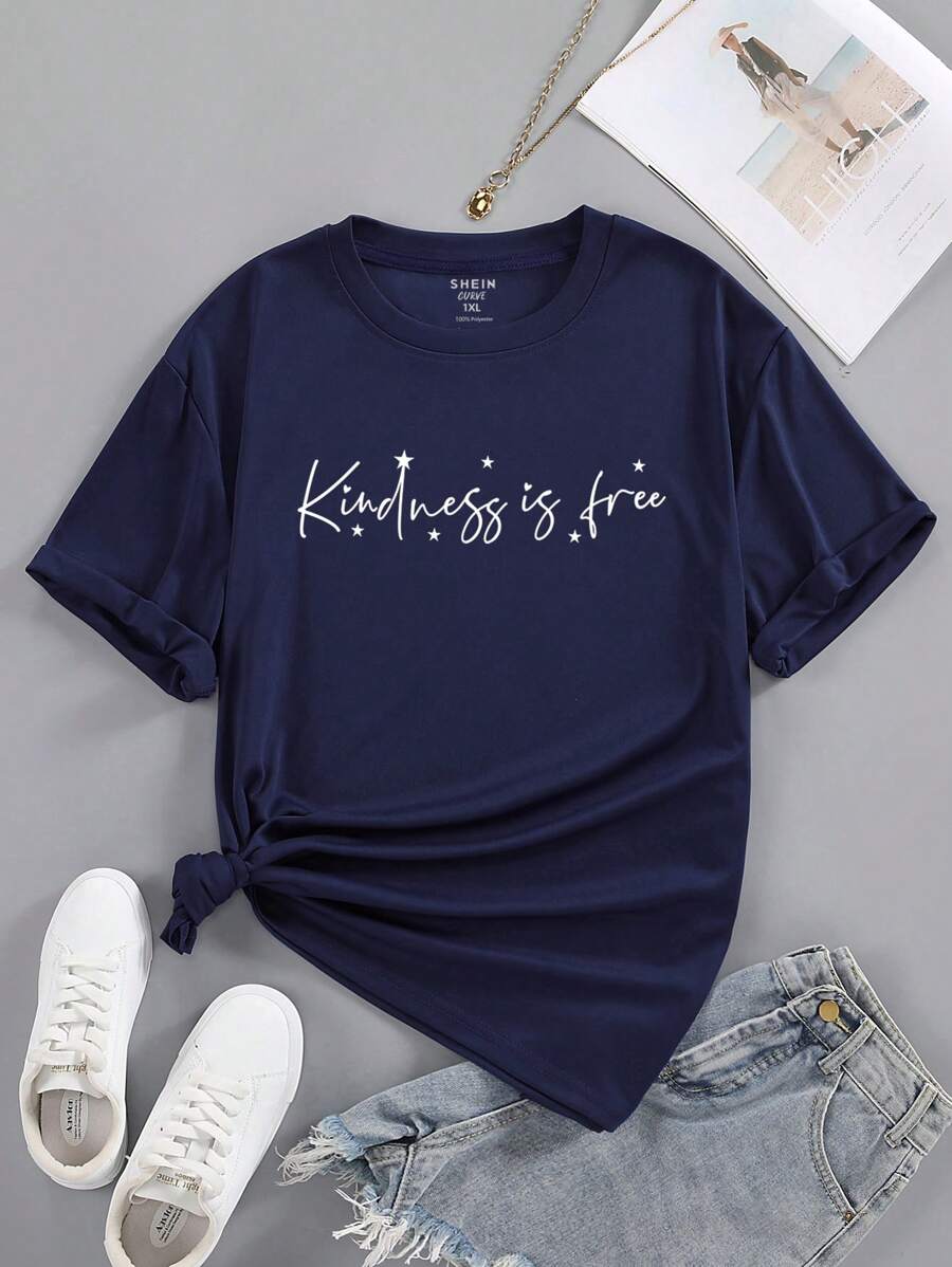 SHEIN LUNE Áo thun Plus size Slogan Giải trí - Màu xanh hải quân - Xem 1
