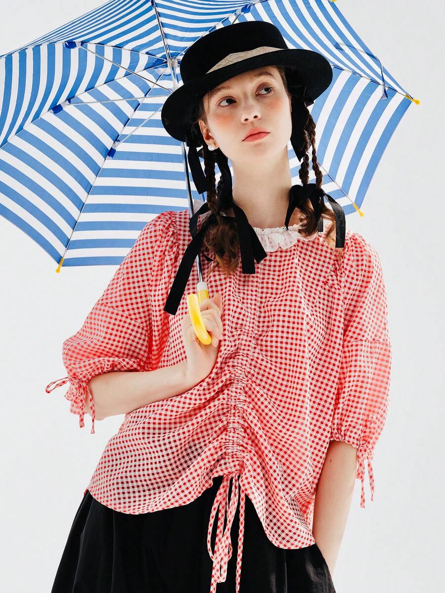 雙色格子前抽繩荷葉邊襯衫 - 紅白色 - 查看 1