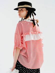 雙色格子前抽繩荷葉邊襯衫 - 紅白色 - 查看 2