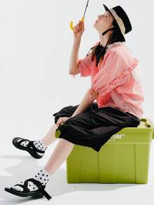 雙色格子前抽繩荷葉邊襯衫 - 紅白色 - 查看 3