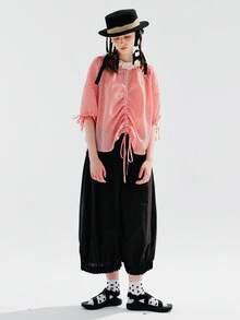 雙色格子前抽繩荷葉邊襯衫 - 紅白色 - 查看 4