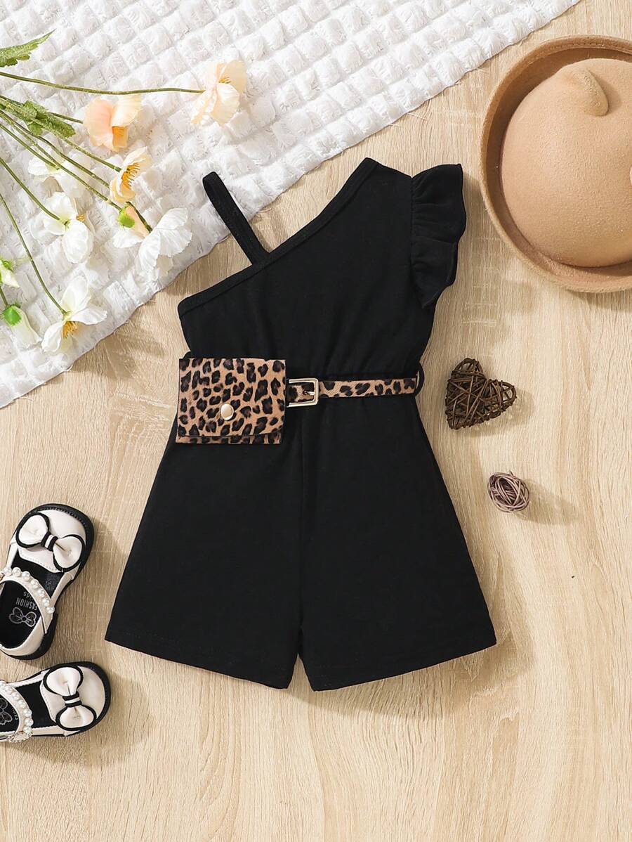 SHEIN Baby Girl Asymmetrical Neck Ruffle Trim Romper With Belt Bag - Black - View 1
