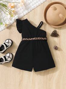SHEIN Baby Girl Asymmetrical Neck Ruffle Trim Romper With Belt Bag - Black - View 2