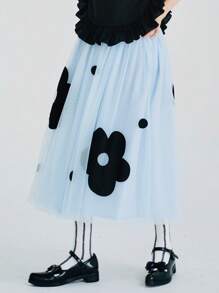 印花網紗覆蓋半身裙 - 淺藍色 - 查看 1