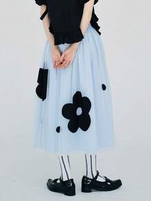 印花網紗覆蓋半身裙 - 淺藍色 - 查看 2