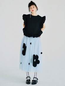 印花網紗覆蓋半身裙 - 淺藍色 - 查看 3