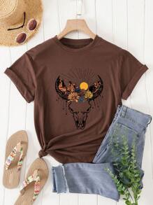 SHEIN LUNE Áo thun nữ Hoạt hình Hoa Giải trí - Màu nâu Sô-cô-la - Xem 1