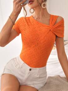 SHEIN Privé Áo thun nữ Bất đối xứng Tranh thêu màu trơn Giải trí - trái cam - Xem 1