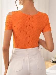 SHEIN Privé Áo thun nữ Bất đối xứng Tranh thêu màu trơn Giải trí - trái cam - Xem 2