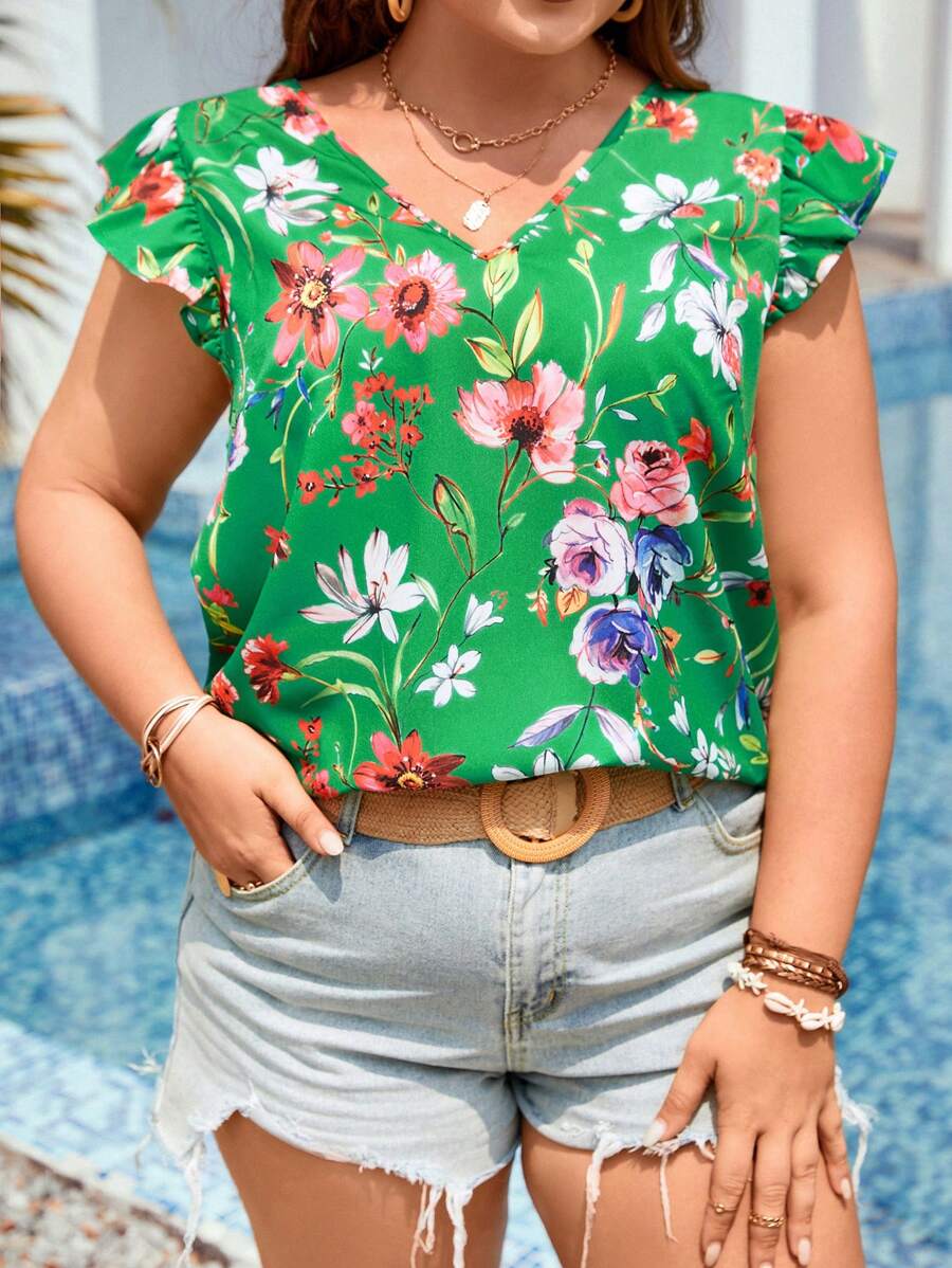 SHEIN LUNE Áo sơ mi Plus Size Xù Hoa Boho - màu xanh lá - Xem 1