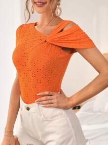 SHEIN Privé Áo thun nữ Bất đối xứng Tranh thêu màu trơn Giải trí - trái cam - Xem 5