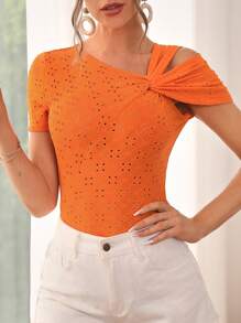 SHEIN Privé Áo thun nữ Bất đối xứng Tranh thêu màu trơn Giải trí - trái cam - Xem 6