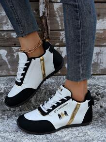 Giày thể thao nữ thu/đông, giày chạy bộ buộc dây phía trước họa tiết chữ - Đen và trắng - Xem 1