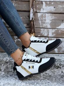 Giày thể thao nữ thu/đông, giày chạy bộ buộc dây phía trước họa tiết chữ - Đen và trắng - Xem 2