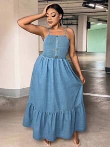 SHEIN VCAY 大碼前紐扣荷葉邊牛仔吊帶連衣裙 - 中等水洗藍 - 查看 3