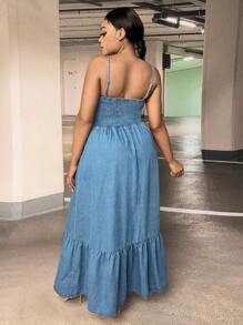 SHEIN VCAY 大碼前紐扣荷葉邊牛仔吊帶連衣裙 - 中等水洗藍 - 查看 2