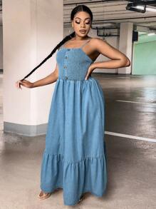 SHEIN VCAY 大碼前紐扣荷葉邊牛仔吊帶連衣裙 - 中等水洗藍 - 查看 1