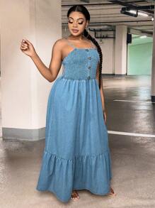 SHEIN VCAY 大碼前紐扣荷葉邊牛仔吊帶連衣裙 - 中等水洗藍 - 查看 4