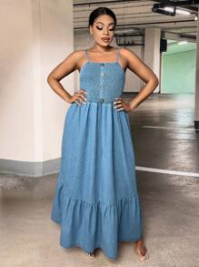 SHEIN VCAY 大碼前紐扣荷葉邊牛仔吊帶連衣裙 - 中等水洗藍 - 查看 5