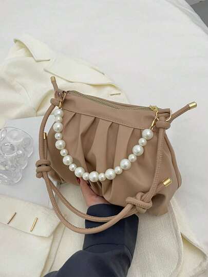 Small Ruched Bag Solid Color Faux Pearl Decorshoulder Bag,HandbagFashion,Minimalist,CasualPortable,LightweightFor Girl,For Woman,For Women, Rookies & White-Collar WorkersWork ,Business,Commute,Outdoors, Travel, Outings,Shopping