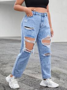 SHEIN EZwear Plus High Waist Ripped Mom Fit Jeans - Light Wash - View 1