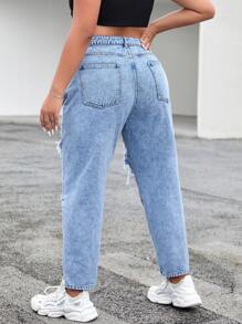 SHEIN EZwear Plus High Waist Ripped Mom Fit Jeans - Light Wash - View 2