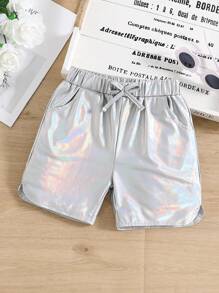 SHEIN Cô Gái Trẻ Màu bạc Màu thuần Phong cách đường phố Thành thị Thời trang Toàn trận Quần short Cho mùa hè - Bạc - Xem 1