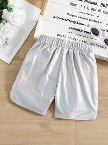 SHEIN Cô Gái Trẻ Màu bạc Màu thuần Phong cách đường phố Thành thị Thời trang Toàn trận Quần short Cho mùa hè - Bạc - Xem 2