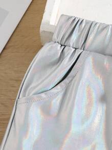 SHEIN Cô Gái Trẻ Màu bạc Màu thuần Phong cách đường phố Thành thị Thời trang Toàn trận Quần short Cho mùa hè - Bạc - Xem 4