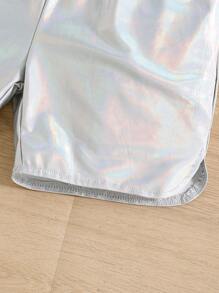 SHEIN Cô Gái Trẻ Màu bạc Màu thuần Phong cách đường phố Thành thị Thời trang Toàn trận Quần short Cho mùa hè - Bạc - Xem 5