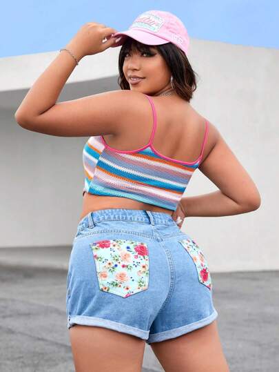 SHEIN EZwear 大碼印花卷邊牛仔短褲