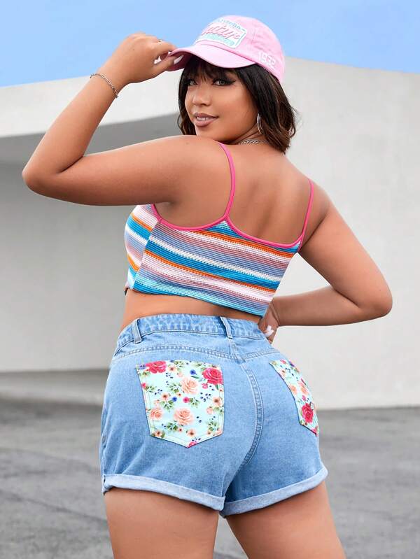 SHEIN EZwear 大碼印花卷邊牛仔短褲