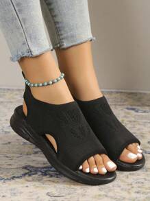Sporty Black Sandals For Women, Minimalist Cut Out Sport Sandals - Black - View 2