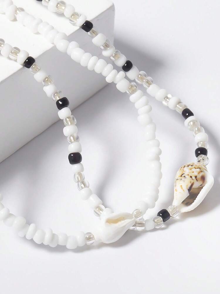 2pcs/set Boho Zinc Alloy Conch Decor Beaded Necklace For Women For Vacation - Multicolor - View 2