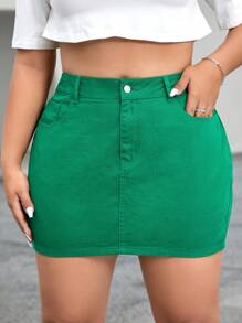 SHEIN EZwear Plus High Waist Bodycon Denim Skirt - Green - View 1